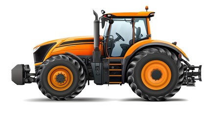 Fototapeta premium Large Orange Farming Tractor in Rural Landscape of Cultivated Field