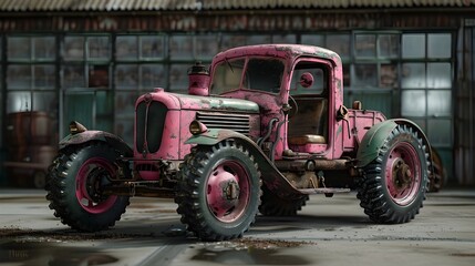 Obraz premium Vintage Rustic Weathered Grungy Abandoned Pickup Truck in Industrial Workshop Setting