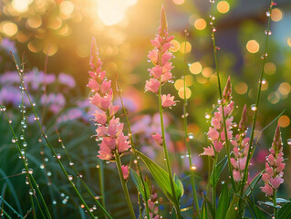 Obraz premium Pink Flowers in a Garden With Morning Dew and Sunlight