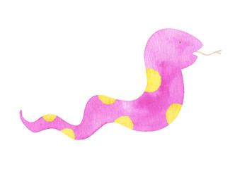 手描きの水彩：楽しことが起こる前触れを表す水玉模様の蛇の夢　歩く可愛いへび＿ピンク
