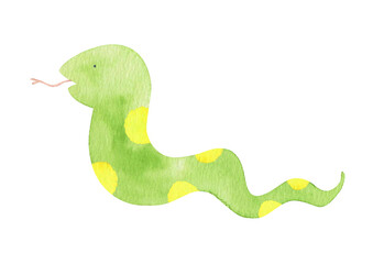 手描きの水彩：楽しことが起こる前触れを表す水玉模様の蛇の夢　歩く可愛いへび＿みどり
