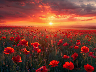 Fototapeta premium Red Poppy Field Sunset Over a Vast Meadow