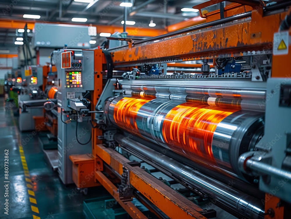 Poster industrial printing press with red ink running through rollers in factory setting