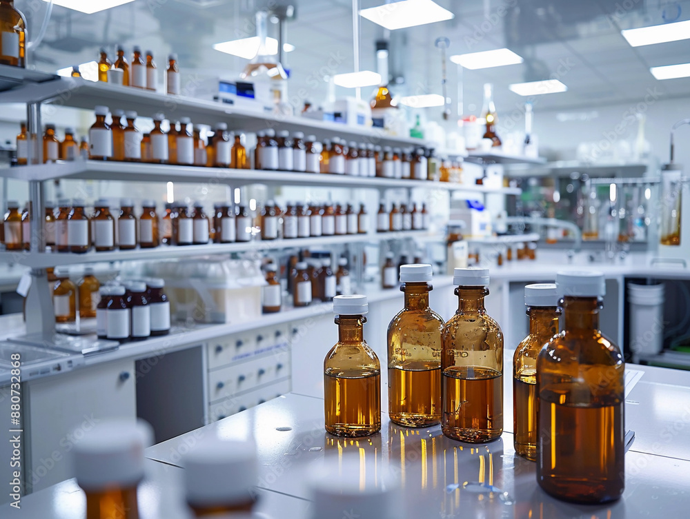 Poster amber glass bottles on a lab table with multiple shelves of similar bottles in the background