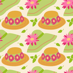 The pattern of summer women's hats decorated with tropical bright flowers and ribbons. One male captain's hat. Pastel pink, beige, yellow, lilac colors. Cartoon vector illustration.