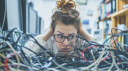 Desperate young woman tangled in cables, struggling with technology issues, stressed and frustrated at work, seeking tech support assistance for resolution