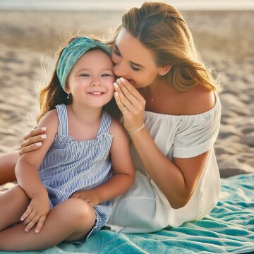 Mama siedząca z c&oacute;rką na plaży i szeptająca jej coś do ucha