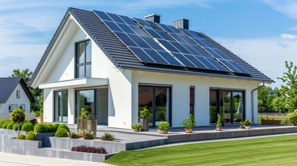 Modern single-family home in Germany with solar panels on the roof, showcasing sustainable construction and energy efficiency