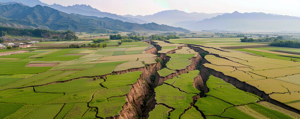 a serene rural landscape disrupted by deep cracks and landslides caused by an earthquake
