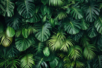 floral pattern with lush jungle of monstera and palm leaves, dark green, tropical, photorealistic // ai-generated