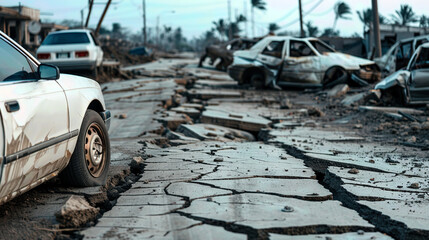 a cracked road with upturned cars and destroyed infrastructure in an urban setting