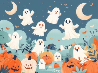 Cute Halloween illustration of flying ghosts and pumpkins under a moonlit sky with bats, creating a fun, festive atmosphere.