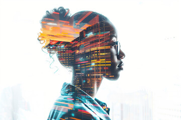 Double Exposure Photography of a Statistician Analyzing Data in a Mesmerizing Research Institution Perspective with Vibrant Hues on White Background