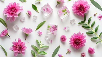 Youthful face care treatment with herbal ice cream shaped ice cubes and pink flowers on white background