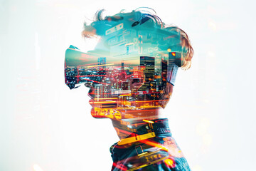 Double exposure photography of a video game designer and the mesmerizing game development studio perspective with impeccable clarity and vibrant hues