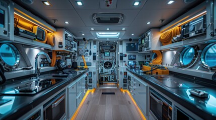 High-Tech Yacht Control Room. High-tech control room inside a luxury yacht, equipped with advanced technology and instruments, designed for efficient navigation and management.