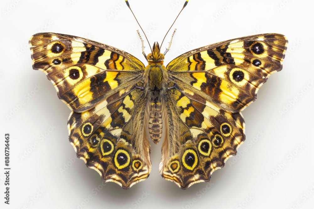 Poster a detailed view of a butterfly perched on a white surface, ideal for use in educational or scientifi