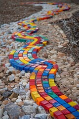 Path to Success. A winding path made from small colorful bricks leading towards a goal or finish line, symbolizing the journey toward achieving success.