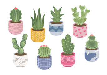 Succulent cactus set. Cactus succulent in pot, cartoon flat style. Cacti set isolated for stickers, greeting cards.

