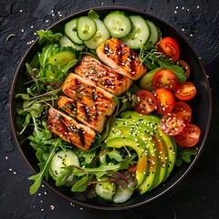 Keto Bowl with Grilled Salmon, Avocado, and Fresh Vegetables