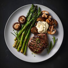 Keto Plate with Grilled Steak, Asparagus, and Mushrooms