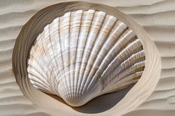Delicate seashell on a plain sandy beige background. Intricate patterns and textures. Tranquility and natural beauty in a minimalist composition.
