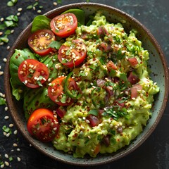 Fresh Mexican Guacamole Topped with Cherry Tomatoes and Herbs