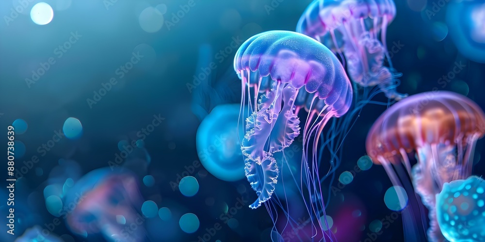 Poster artistic design featuring textured light resembling sparkling sea morphing into colorful jellyfish. 