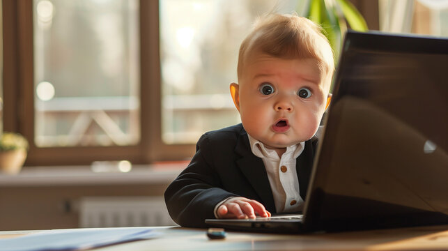 baby in suit front of a laptop represent the scary adulthood	