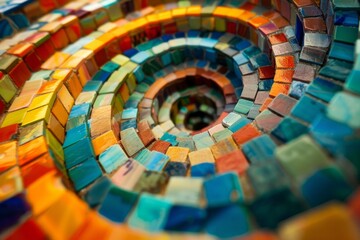 A spiral staircase or pathway of small colorful bricks, symbolizing the evolutionary journey of ideas or beings. 