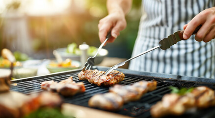 Naklejka premium Hands Grilling Meat and Veggies Outdoors 