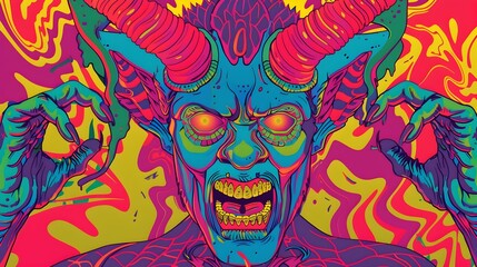 Surreal Psychedelic Demonic Creature with Horns and Intense Neon Colors