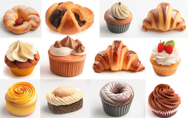 collection set fresh bakery cupcake,  donut, sweet pastries on white background