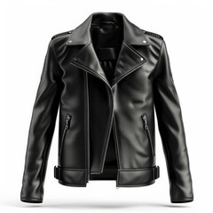 A stylish black leather jacket with a zipper front and side pockets, isolated on white background.