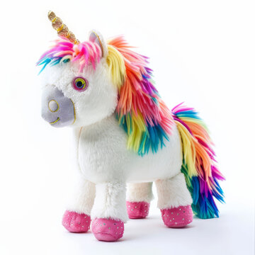 A fluffy stuffed unicorn with a rainbow mane and tail, isolated on white background.