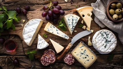A flat lay of different cheeses, a cheese knife, and some grapes on a rustic wooden board