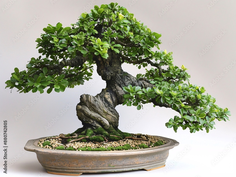 Poster a centered bonsai tree in a formal upright shape, elegantly displayed on a white background to accen