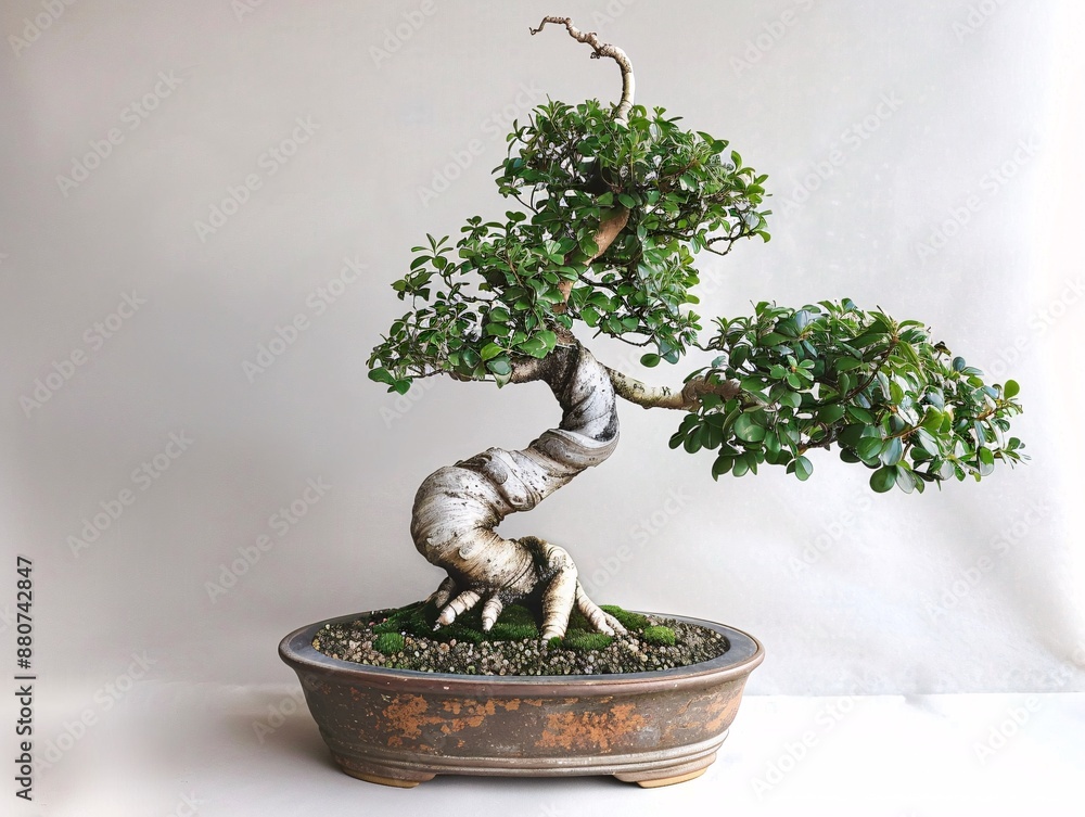 Poster a centered bonsai tree with a twisted trunk shape, showcased on a white background, emphasizing its 