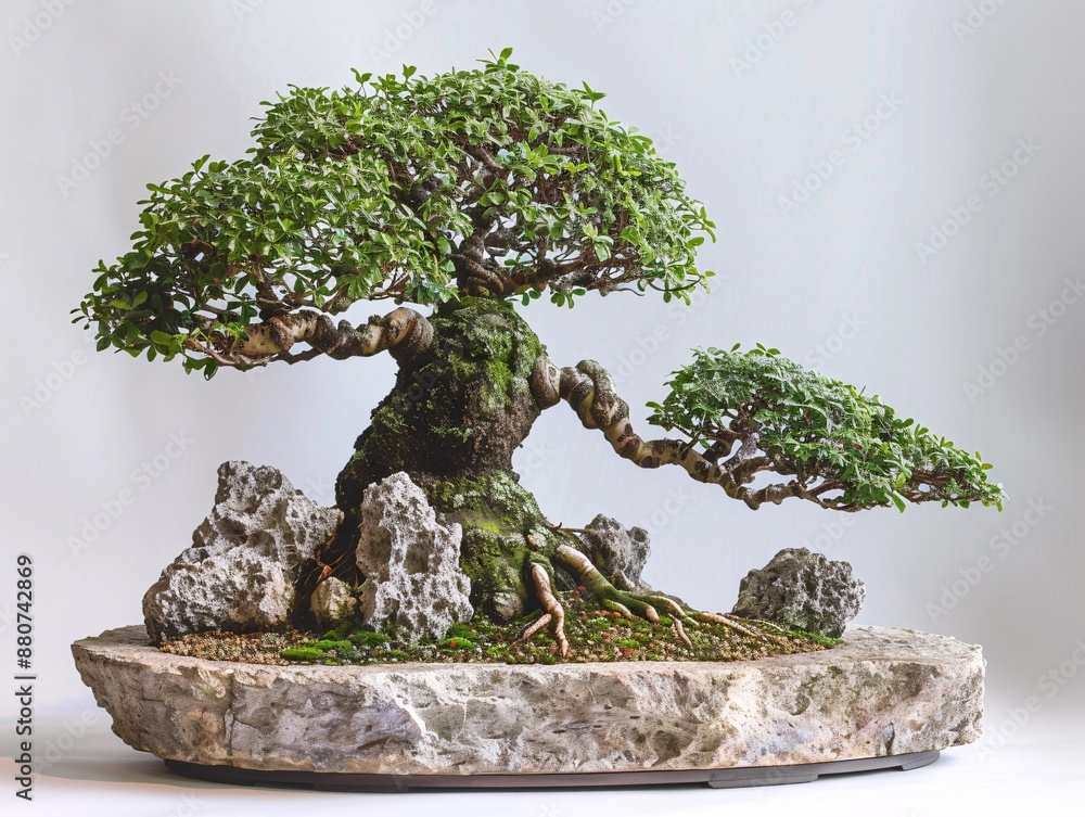Poster a centered bonsai tree with a root-over-rock shape, displayed on a white background to highlight its