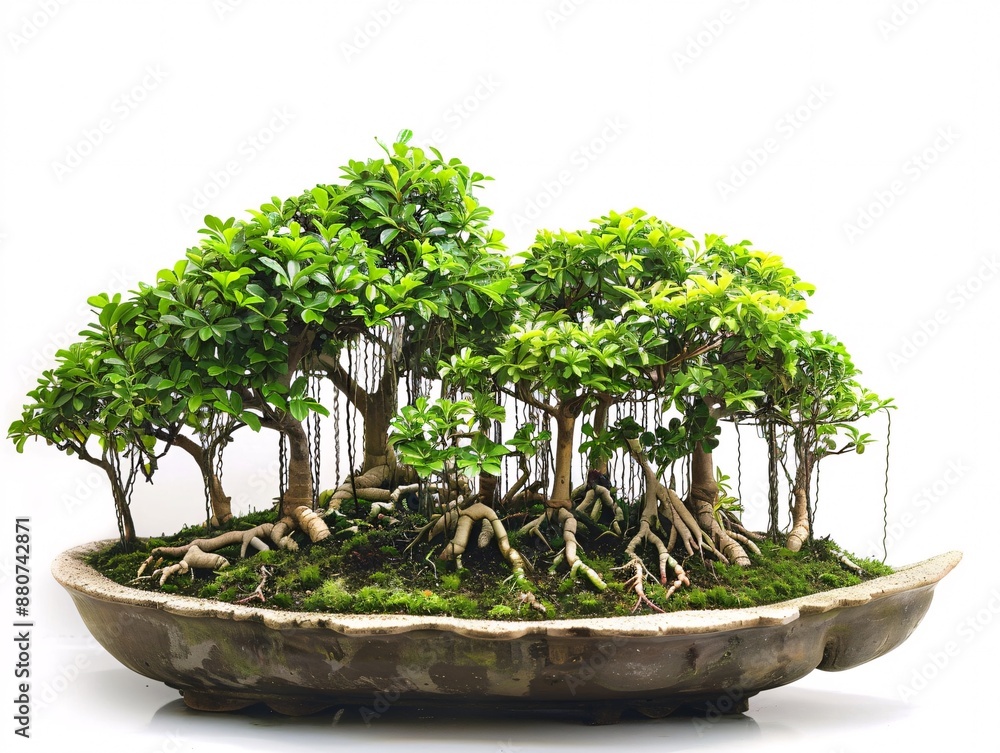 Poster a bonsai tree with a raft shape, centered on a white background, showcasing its horizontal growth an