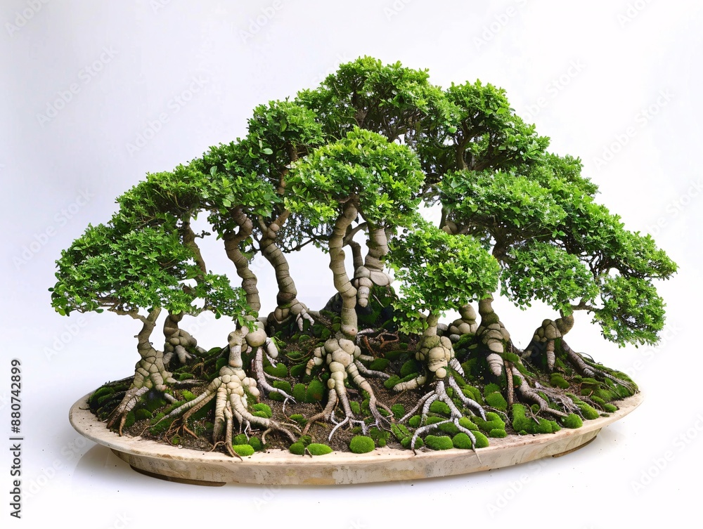 Poster a centered bonsai tree in a clump shape, presented on a white background, emphasizing its cluster of