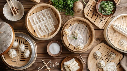 Fototapeta premium A flat lay of dumpling wrappers, filling ingredients, and a steamer basket on a wooden table