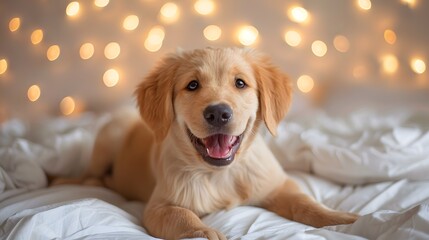 A cute smiling puppy lying on white sheets, with twinkling lights in the background. The golden dog has soft fur. Its playful and happy expression adds to its charm.