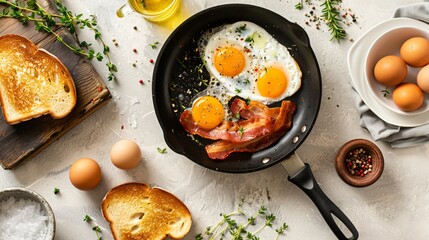 A flat lay of eggs, bacon, toast, and a frying pan on a clean surface