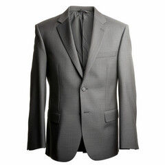 A classic grey suit jacket with a single-breasted design and two buttons, isolated on white background.