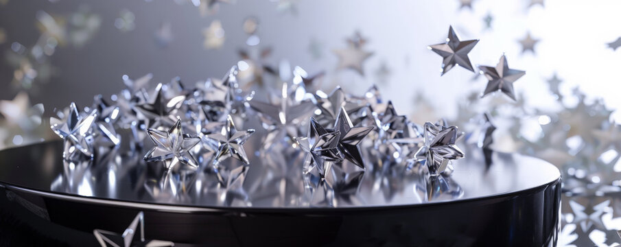 A sleek gunmetal display podium adorned with shiny crystal stars. The stars' reflective surfaces create a striking contrast against the cool gunmetal, adding sophistication and elegance.