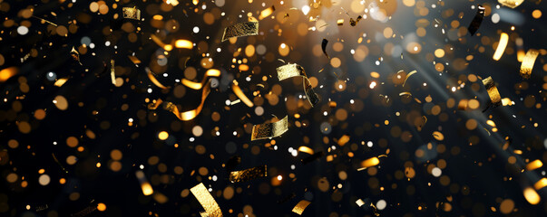 A chic 2025 Happy New Year banner with stylish fonts, confetti raining down, and a black and gold theme.