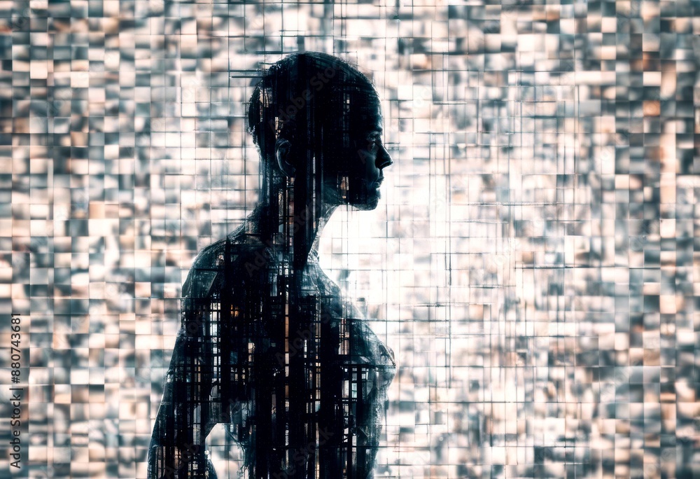 Poster cyborg transparent background glitch texture digital patterns futuristic silhouette abstract fragmen