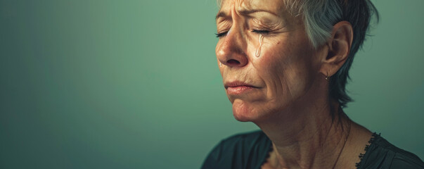 A middle-aged woman crying, with tears glistening, on a soft green studio background. The gentle hue contrasts with her visible sorrow.
