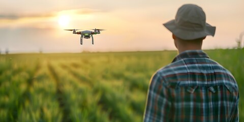 Modernizing Traditional Farming Farmer Utilizes Drone for Organic Crop Health. Concept Modern Farming Techniques, Organic Crop Health, Drone Technology, Traditional Farming Practices